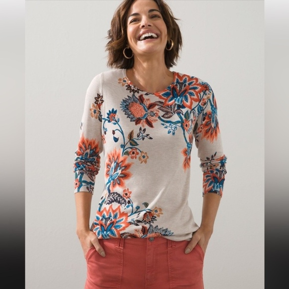 Plus Size Chico’s Floral Print Pullover Sweaters